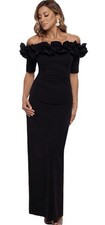 Xscape Long Off the Shoulder Ruffle Trim Scuba Crepe Gown Size 14 Black NWT 200