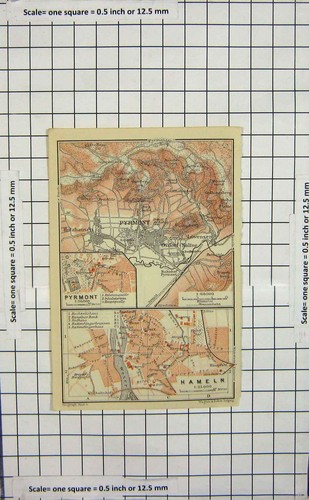 Original Old Antique Print Map Germany Street Plan Pyrmont Hameln Lowensen