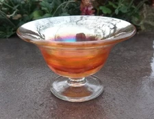 Iridescent Marigold Orange Glass Pedestal Open Salt Dip, Cellar, Dish!