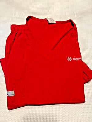 3 Piece Set ! Red Dignity Health Scrub V-Neck Top, Pants & Warm-Up