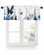 Floral Valance for Windows, Blue Tulip Butterfly Rod Pocket Curtain Valances 