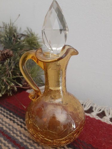 Vintage Hand-Blown Yellow Crackle Glass Cruet