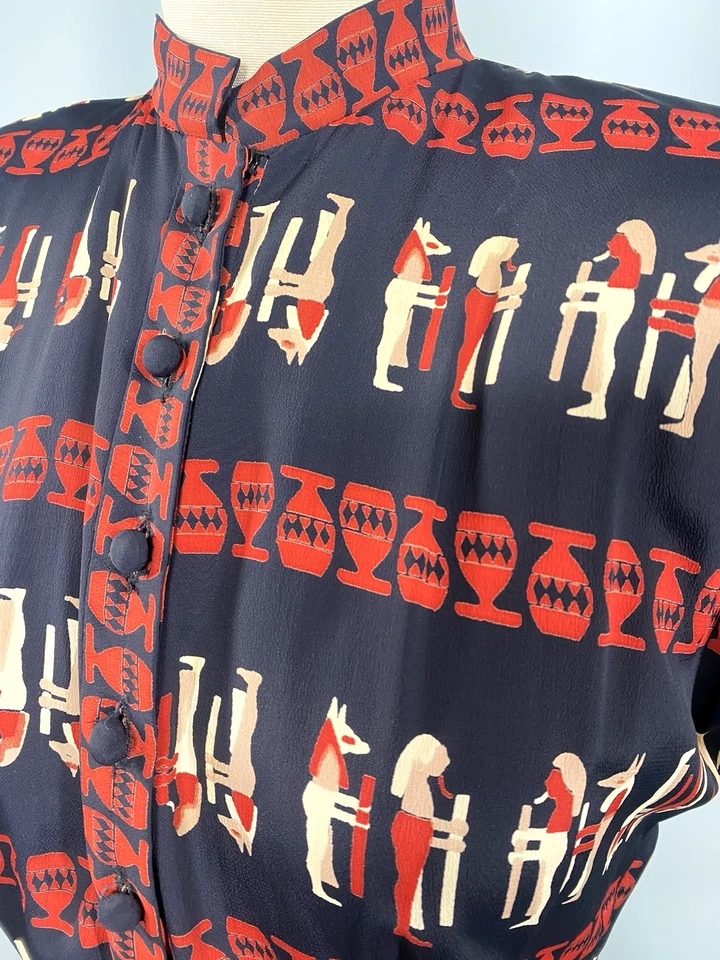 Vestido Vintage TALLA EXTRA PEQUEÑO Negro Rojo Egipcio Cuello Alto Años 50 60 Gótico Foto 3 de 4