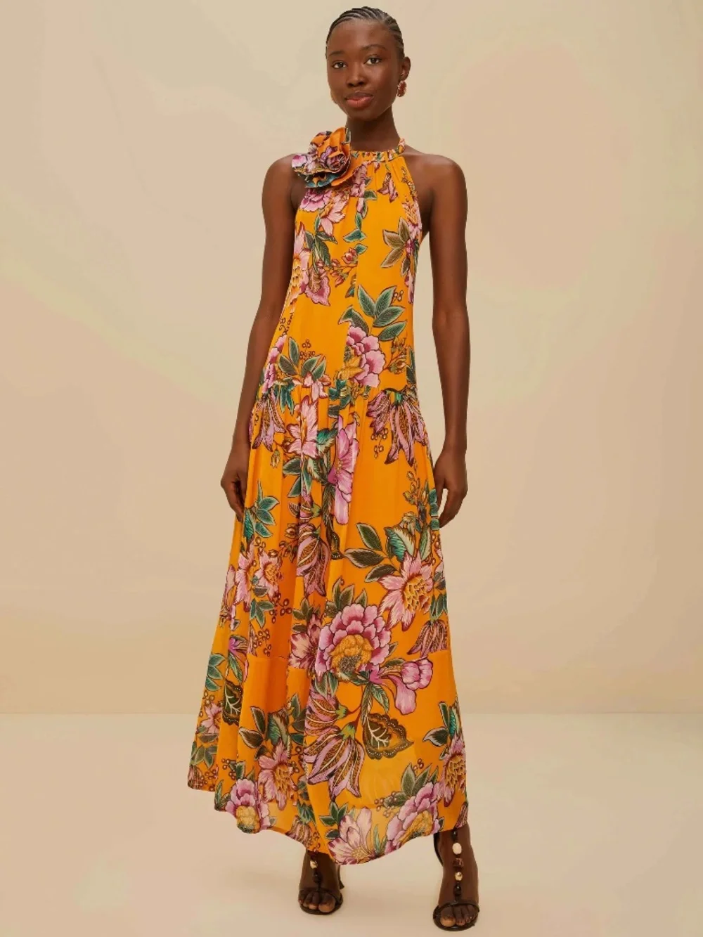 Orange Wonderful Bouquet Maxi Dress - Small