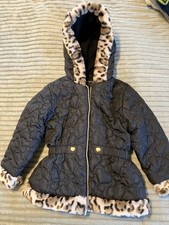 Pistachio Girls Black Quilted Hooded Winter Coat Size 5-6 Faux Fur Animal Trim