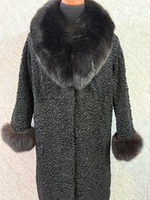 Vintage Real Fur Long Coat with Black Fox Fur Collar  Cuffs   Chest 50  