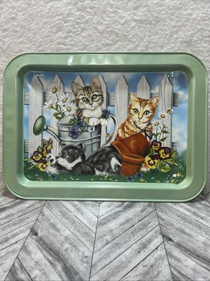 VTG turquoise metal Serving tray Depicting Cats Frolicking Near Fence 17x12.5