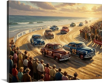 Daytona 500 on The Sandy Beaches 1950 Stock Car Racing Oil Painting Canvas Wrap