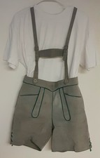 Vintage German Lederhosen Kids Grey Suede Leather Adjustable Straps Pockets Trim