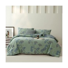 100 Cotton Muslin Jacquard Comforter Set, Floral Ginkgo Leaves Print, Soft L...