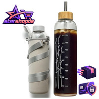 Glasflasche 900Ml Mit 2 Deckeln NeoprenhüLle Verstellbarer Gurt Sportflasche