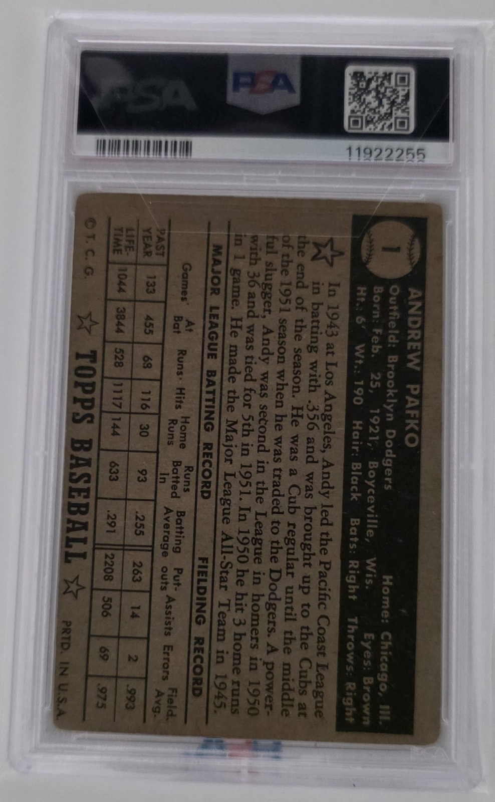 1952 Topps Andy Pafko Baseball Card #1 BLACK BACK PSA 3 FREE SHIPPING &INSURANCE view 2