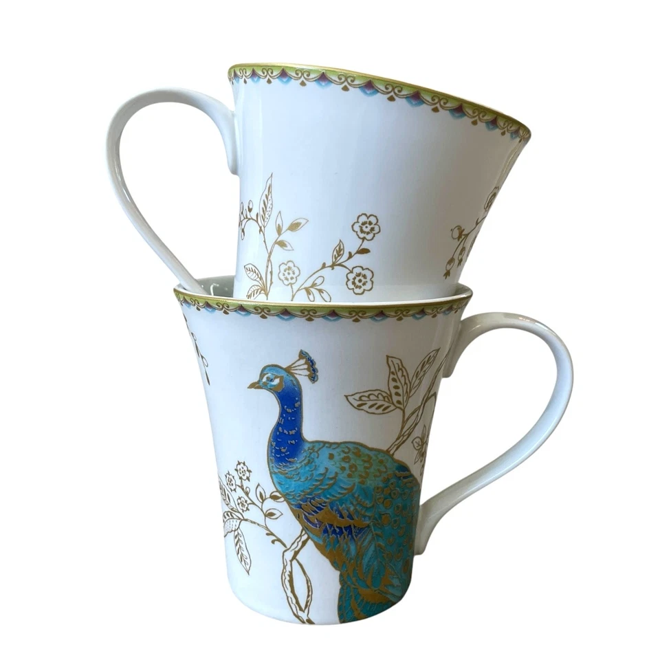 222 第五孔雀花园瓷杯 2 件套白色雄伟蓝绿色金色新品 — 第 2/4 张图片