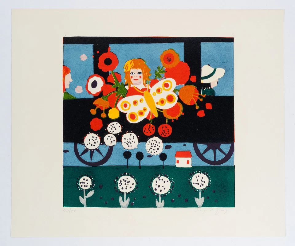 I. JÖRG (*1935), Blumenmädchen im Wagon, Farblinolschnitt Naiv Reisen 1970-1989 - Bild 2 von 4