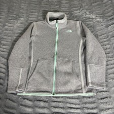 The North Face Girls Gray Heather Full Zip Fleece Jacket Mint Green Trim L 14/16