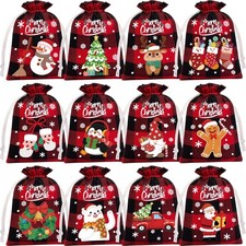 36Pcs Burlap Christmas Drawstring Bags Buffalo Plaid Xmas Gift Bags Burlap Xm...