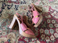 Vintage 70s Wood Platform Heels Pink Patent Leather Delora Italy 7 Fits 6.5- 7M