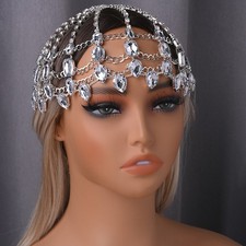 Hot Women Headdress Rhinestone Droplet Square Metal Hair Chain Jewel Headwear