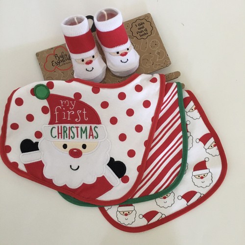 NEW Infant 3 Bibs and Sock Set 0-6 M 1st Christmas | Baby Essentials - Picture 9 of 9