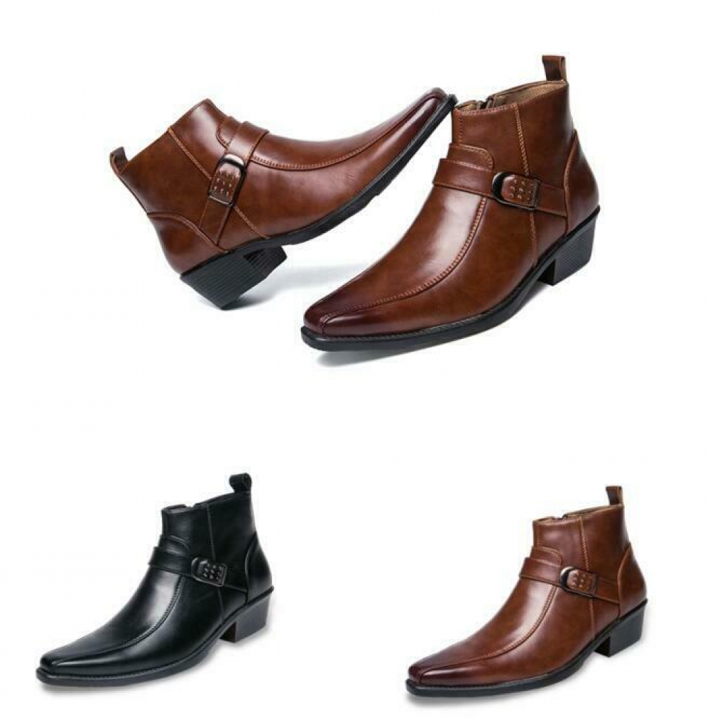 Men's Pointed Toe Chelsea Ankle Boots Low Heel Side Zip Business Leather Shoes