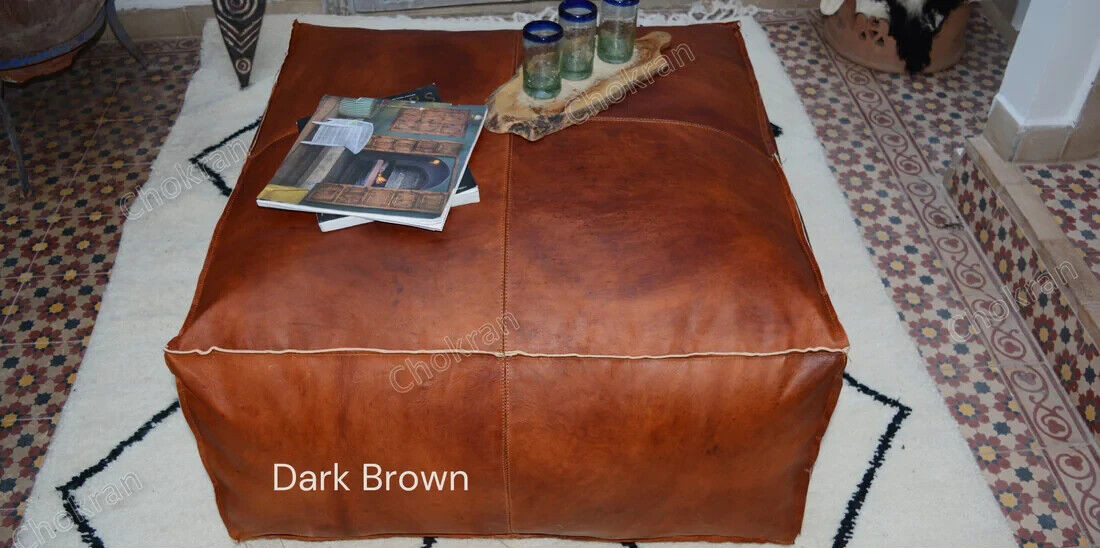 Genuine Ottoman Pouffe Leather New Brown Wounderful Boho Unstuffed Square