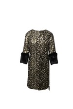 Tory Burch Animal Print Jacquard Coat With Fur Sleeves In Multicolor Silk Intxs