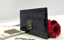 AUTH NWT 340 Burberry TB Logo Croc Embossed Leather Business Card Case-Black