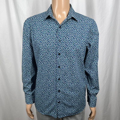 Express Men's Large Blue White Floral Print Slim Fit Long Sleeve Button-Up Shirt