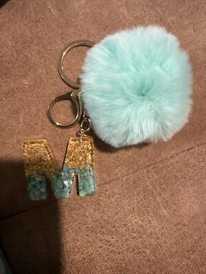 Cute Resin Initial  M  Keychain With Pom Pom