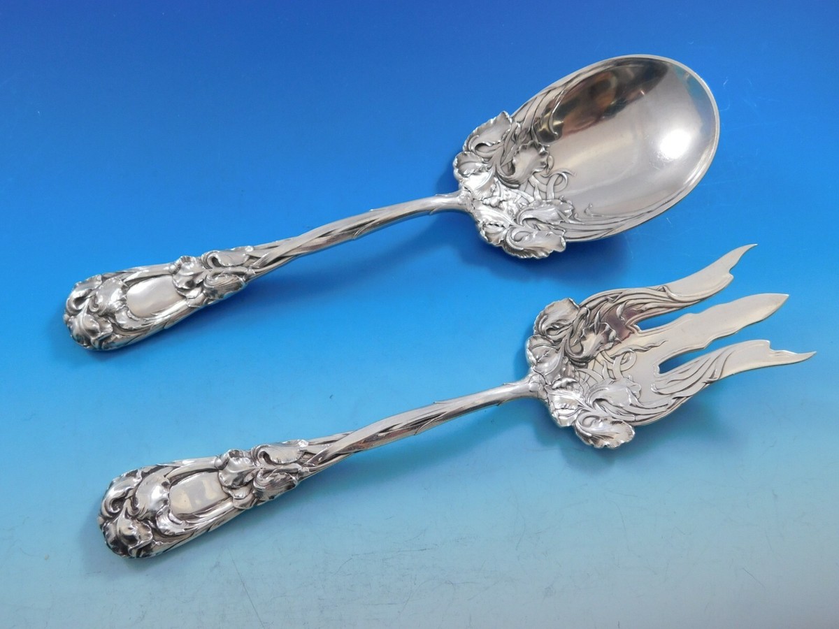 New Art by Durgin Sterling Silver Salad Serving Set with Irises