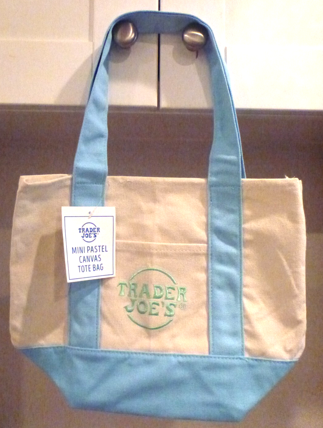 Trader Joe's Mini Pastel Blue Canvas Tote Bag Limited Edition Reusable Shopping Bag