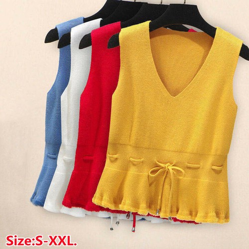 Women Knitted Vest Waistcoat Sweater Jumper Tank V Neck Sleeveless Tie Waist Top - Bild 3 von 16