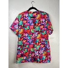 Cottonality Scrub Top XL Multicolor Butterfly Heart Floral Medical Nurse Dental
