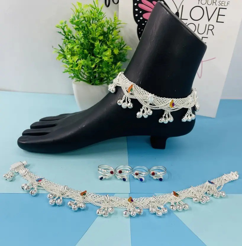 Silver Plated Indian Payal Anklet with Toe Rings Foot Jewelry-image
