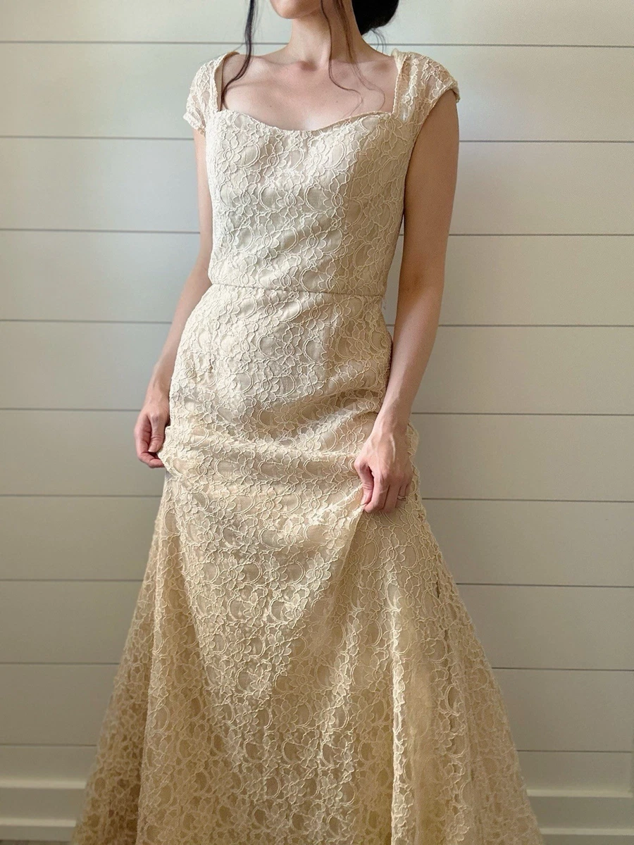 beige lace bridesmaid dress Long Sleeves Sheath Ivory Lace Champagne Lining Wedding Dress