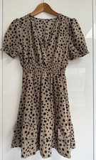 ⭐SHEIN Skater Tea Dress⭐Beige Camel Polka Dot Animal Print⭐Faux Wrap⭐Size M 10⭐
