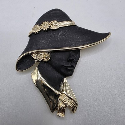 Vintage Torino Gold Tone & Black Silhouette Lady W Hat & Gold Collar Brooch 