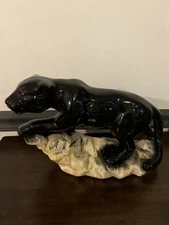 HUGE Mid Century Modern Ceramic Black Panther  On Rocks Red Eyes MCM Vintage 50s