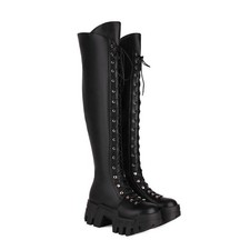 Women's Over Knee High Boots Platform Faux Leather Punk Side Zip Lace Up Shoes