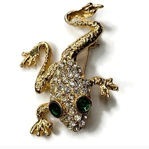 Authentic Vintage Leaping Frog Brooch Pin Gold Plated Green Eyes Clear Rhinestones