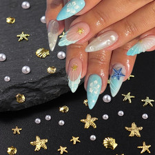 200Pcs Summer Nail Charms,3D Shell Starfish Pearl Nail Art Charms Rhinestones Al