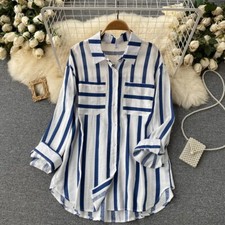 Women's Spring Summer Mid-Length Stripe Shirt Casual Loose Long-Sleeved Tops