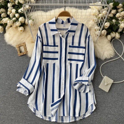 Women's Spring Summer Mid-Length Stripe Shirt Casual Loose