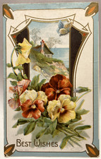 Best Wishes, Blue Butterfly, Pansies, Vintaged Embossed Postcard