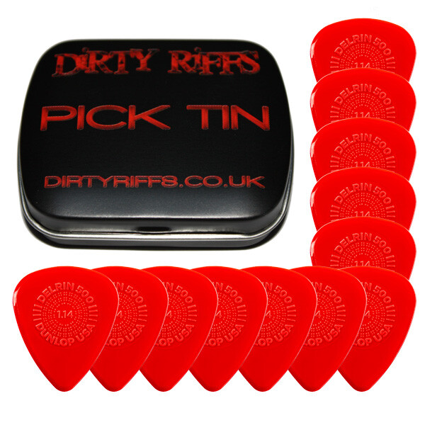 12 x Dunlop Delrin Prime Grip Guitar Picks Plectrums - 1.14mm Red In A Pick Tin