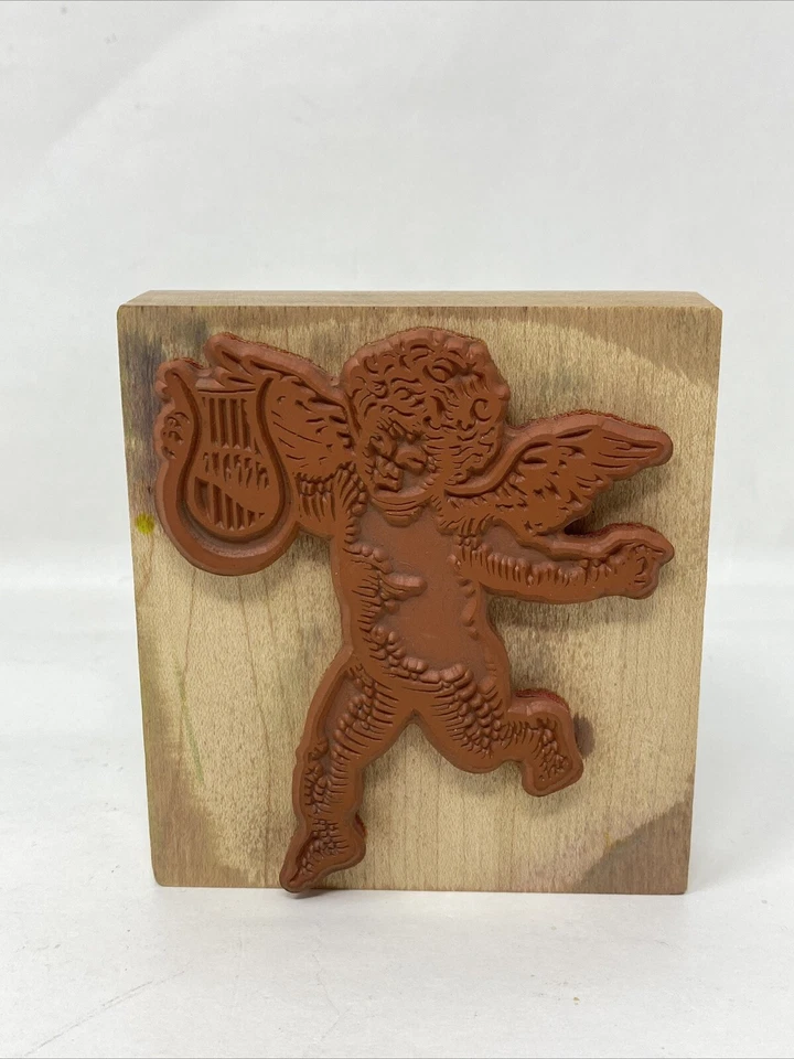 PSX Decoración del Hogar Querubín Ángel Cupido Arpa K1790 Sello de Goma Montado en Madera Foto 2 de 4