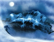 Snowboarder Original Art with Moonlit Blue Mountain Scene by artist Jason Girard