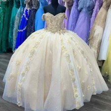 Shiny Quinceanera Dresses Ball Gown Tulle 3D Flower Beading Off Shoulder Sweet16
