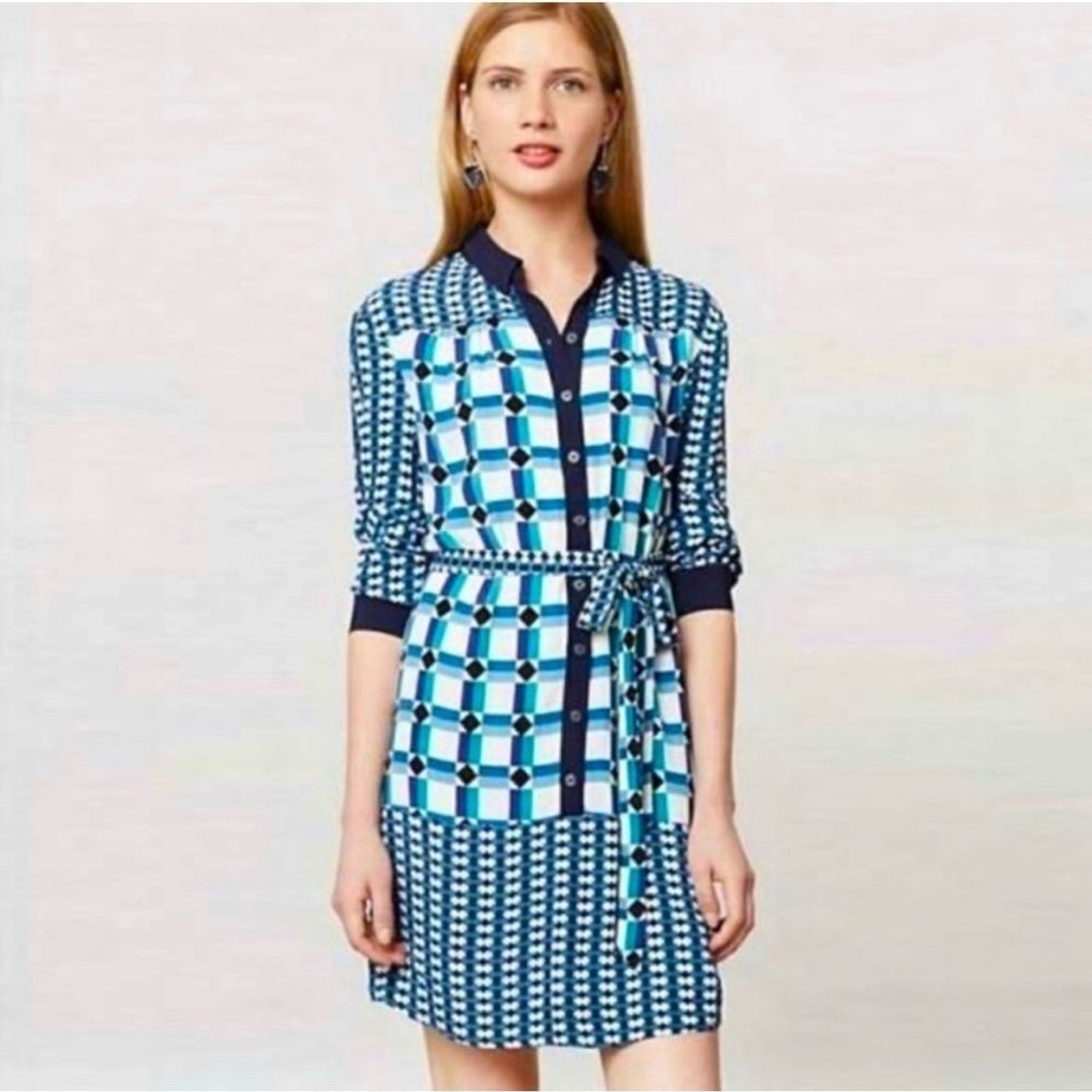 Maeve Anthropologie Geometric Print Button Front Tie Waist Shirt Dress Size 6