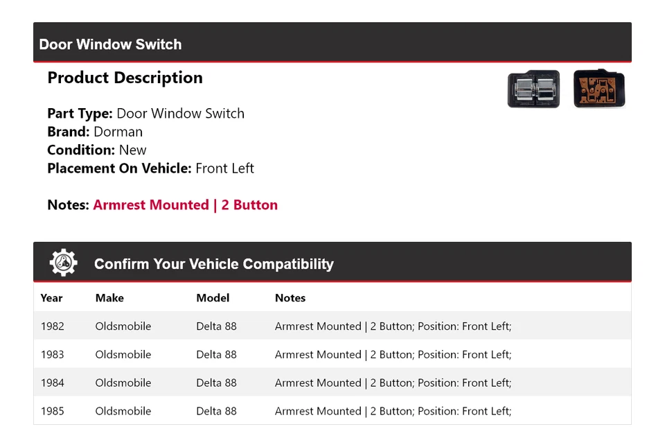 Interruptor de ventana de puerta delantero izquierdo Oldsmobile Delta 88 Dorman 1982-1985 1983 1984 Foto 2 de 4